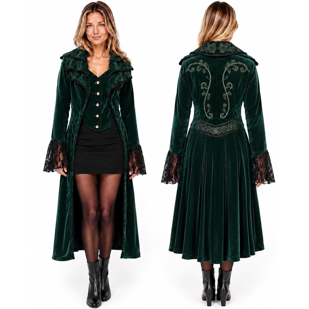 Emerald Green Velvet Victorian Gothic Steampunk Long Coat M Jacket Lace Cuffs